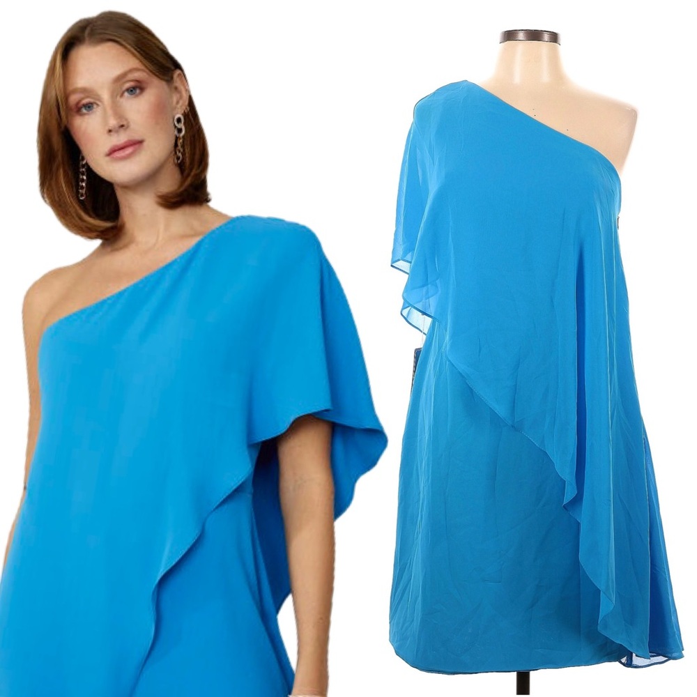 NWT JJ’s House One Shoulder Cascading Ruffle Chiffon Dress in Ocean Blue | 10